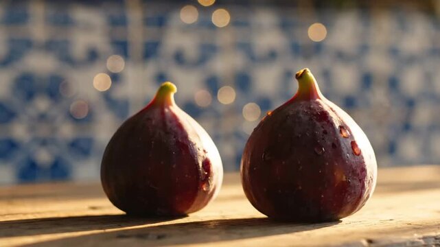 Close-up of fresh figs with water droplets on ripe fruit on rustic wooden