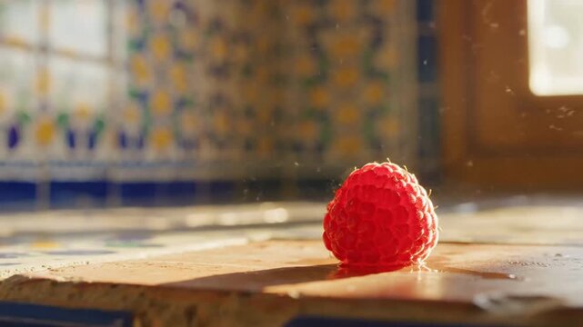 Close-up View of a Raspberry Resting on a Bright Sunlit Kitchen Surface