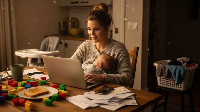 Young mother working from home with her baby, balancing work and motherhood in a busy household environment. - Powered by Adobe