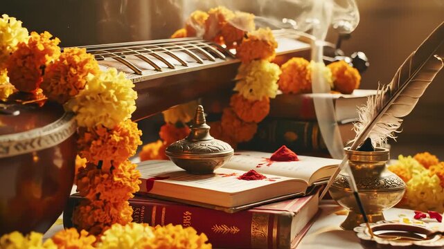 Veena instrument adorned with marigolds sits atop books and inkwell, celebrating Saraswati Puja in a serene and spiritual atmosphere.