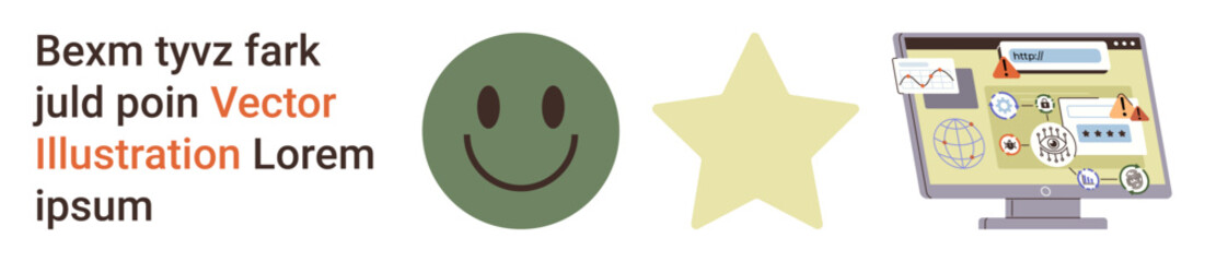 Online learning, data analysis, web icons, user interface, motivational design, productivity tools. happy face, star and computer with graphs and symbols. Online learning and data analysis