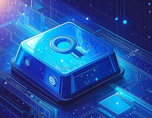 Futuristic blue digital encryption key floating on a circuit board