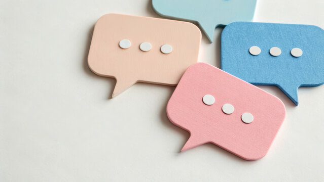Online presence creative visual. Colorful speech bubble icons with soft pastel tones create playful and communicative vibe