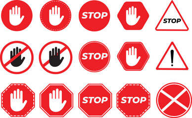 Collection of various red stop and warning signs with hand symbols