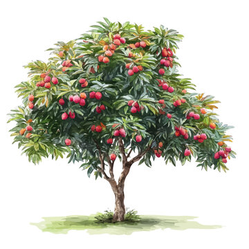 Lychee Tree watercolor vector illustration, high-quality artwork isolated on a pure white background.