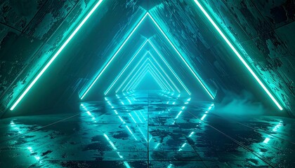 Futuristic geometric tunnel illuminated by bright turquoise neon lights
