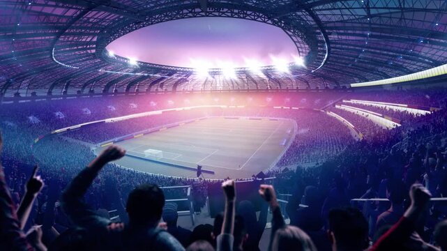 Ad template. Packed 3D football stadium with cheering fans and glowing lights. Concept of live sports marketing, fan culture visuals, media campaigns, major event storytelling.