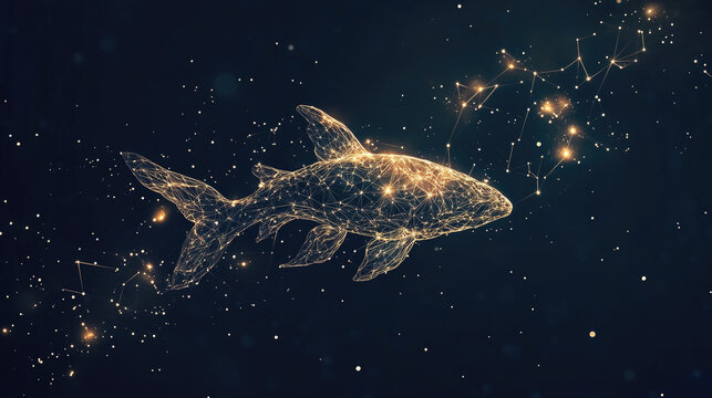 Pisces zodiac constellation in minimal line art style, thin golden lines forming two fish shape on dark background, modern mystical astrology design with celestial elements and copy space for text