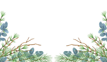 Christmas frame with winter greenery, spruce, pine tree twig and eucalyptus branch. New Year design for greeting or invitation.
