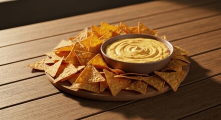Corn chips surrounding cheese dip on wooden platter, outdoor setting