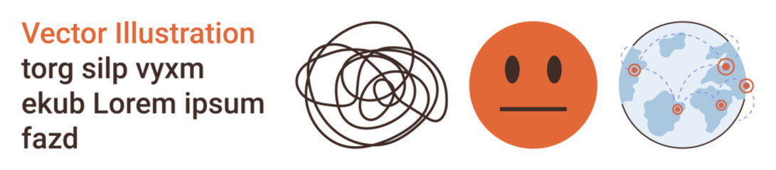 Mental health, emotions, global communication, networking, data sharing, technology. Abstract scribble, neutral face world map with points. Mental health and emotions explored in modern visuals