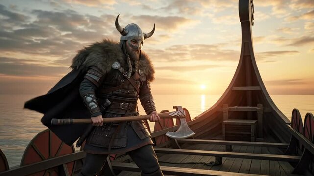Man viking warrior on a longship at sunset. Historical journey and exploration concept.