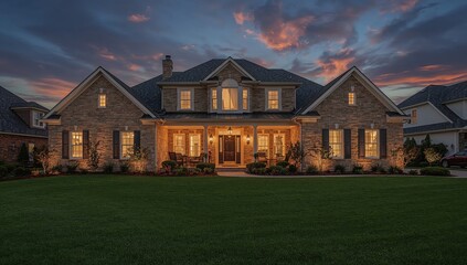Obraz premium Elegant suburban mansion at twilight, warm lighting and landscaped lawn, real estate lifestyle concept