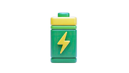 3D Battery Icon with Lightning Bolt on White