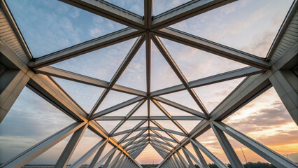 Geometric beams intersect under sunset sky, creating precise architectural pattern