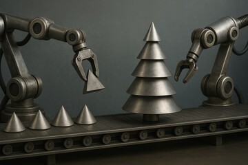 Mechanical Assembly Line Featuring Robotic Arms Manipulating Geometric Shapes, Including Cones and a Conical Christmas Tree Structure