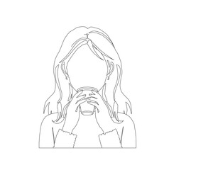 Faceless Woman Drinking Coffee Line Art Illustration. Minimal Female Outline Holding Mug. Faceless Woman Drinking Coffee Line Art. Female Outline Illustration Holding Mug. Simple lifestyle drawing.