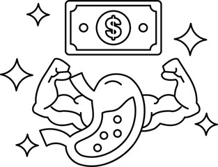 A cartoon of a man with bulging muscles holding a dollar bill