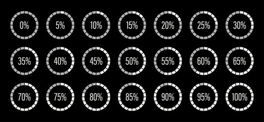 Template of white color of the year and gray color fill pie charts indicator. Round graph loading progress set. Blue progress bars. Circle diagrams icons from 100 to 0 percent. Round percentage infogr