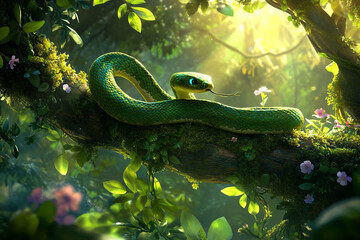 A vibrant green snake rests coiled on a moss-covered tree branch amidst lush foliage and soft sunlight.