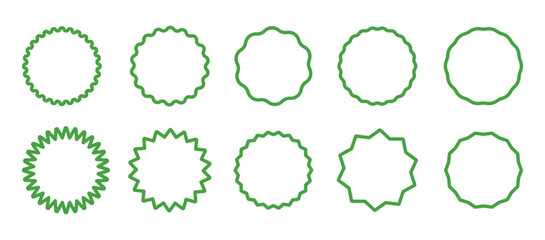 Set of green curve edge frames. Wavy green circles. Circle lined borders. Simple round frames. Graphic illustration. Design of green geometric line. Editable stroke.