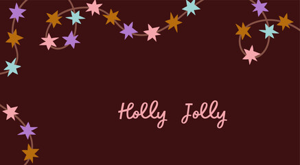 Christmas banner background with star garland and greeting typography. Festive horizontal card design with Xmas light decoration, winter holiday seasonal ornament. Flat vector illustration