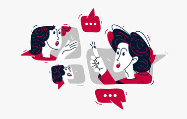 Group of young people having a video conference online, vector illustration of online conversation and brainstorming, business and work or webinar.