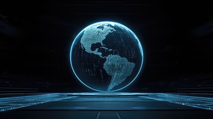 holographic globe of the Earth projected in the center of a dark, high-tech command center, displaying weather patterns and global network traffic as glo