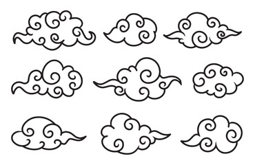 Traditional Chinese clouds set. Nine black line art oriental Asian decorative elements with spiral outlines isolated by a white background. Vector illustration