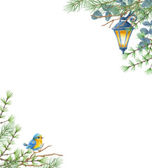 Christmas frame with winter greenery, bird, lantern, spruce, pine tree twig and eucalyptus branches. New Year design for greeting or invitation.