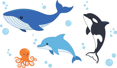 Cute ocean animals collection with whale dolphin orca and octopus swimming underwater isolated flat vector illustration