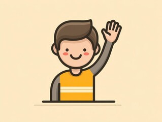A cartoon illustration of a smiling boy waving with one hand raised, wearing an orange shirt and gray sleeves. Beige background