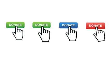 Collection of donate buttons in green, blue, and red colors with a clicking hand cursor