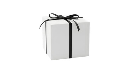 A white gift box with a black ribbon tied in a bow