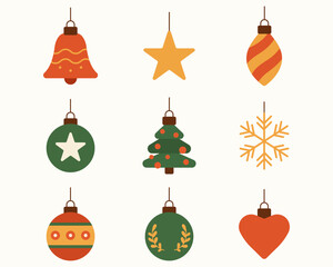 Christmas ornament flat design set. Minimal holiday decoration illustration set.