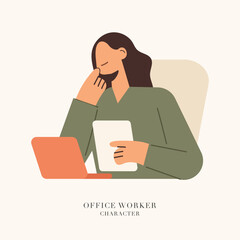 Employee character. Cartoon flat illustration of female working on laptop.