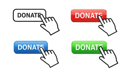 Colorful collection of donate buttons for digital interfaces, featuring a hand cursor and options in red, blue, green, and black.