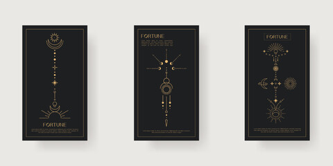 Mystical fortune. Mystical Fortune poster with celestial esoteric symbols flat design. Modern design template for poster, print, social media, web, ads, banner, cover and flyer decoration.