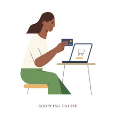 Shopping online. Woman shopping online with credit card flat illustration.