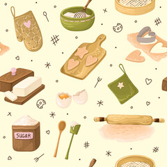 Pattern with Baking Tools. Cute Kitchen print with Pastry elements. Vector.