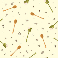 Cute Kitchen print with Baking Tools for packaging. Vector.