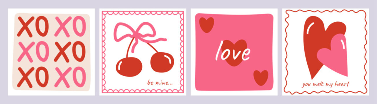Cute Valentines greeting card collection with hand-drawn elements. Modern vector backgrounds
