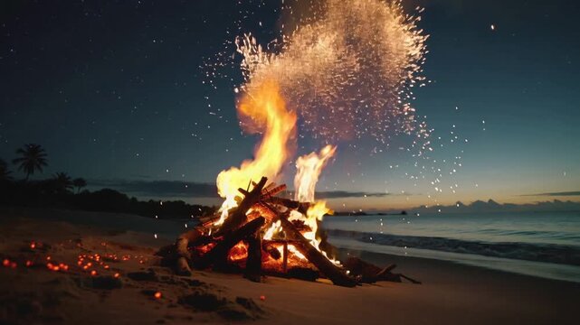 Grand feu de joie avec &eacute;tincelles sur une plage de sable fin la nuit sous un ciel &eacute;toil&eacute; au bord de l'oc&eacute;an