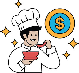 A chef is eating soup and smiling