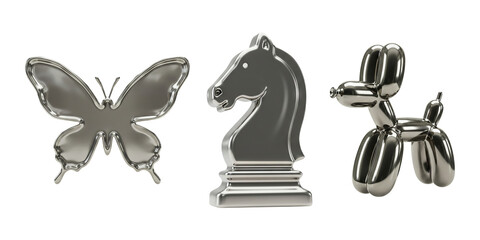 Set of 3d silver style butterfly,  knight horse chess pieces and dog ballon icon y2k chrome shapes trendy futuristic illustration on