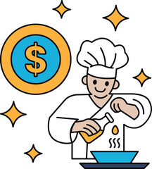 A chef is cooking food and a dollar sign is in the background
