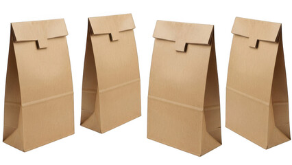 Four empty brown paper lunch bags standing upright against a black background