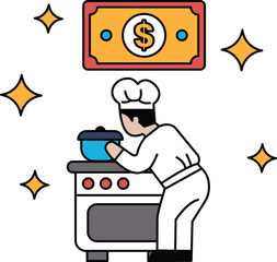 A chef is cooking in a kitchen with a dollar bill behind him