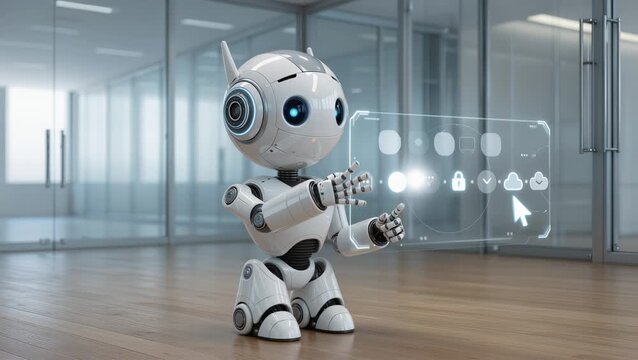 Cute robot interacts with holographic display in modern office setting