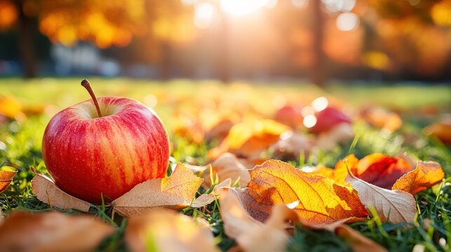 Red apple on autumn leaves